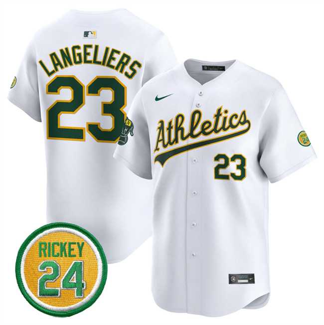 Mens Oakland Athletics #23 Shea Langeliers White 2024 Home Limited With Rickey Henderson Patch Stitched Jersey Dzhi->oakland athletics->MLB Jersey